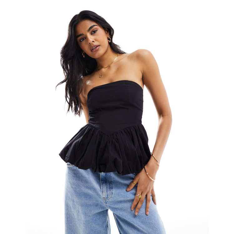 Stradivarius bandeau top with balloon hem detail in black | ASOS