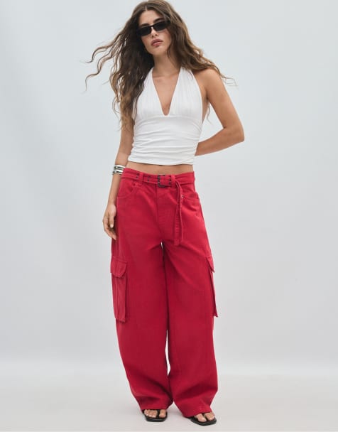 Stradivarius Barrel cargo trousers in red - view 1
