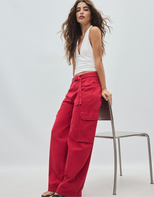 Stradivarius Barrel cargo trousers in red, 5 of 7