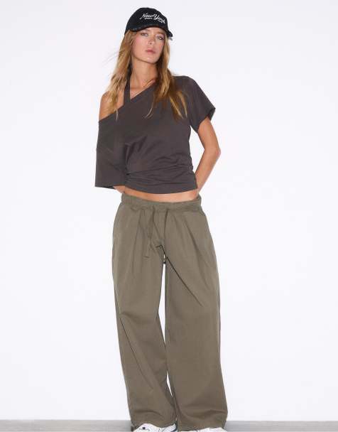 Stradivarius – Barrel-Hose aus Popeline in Khaki mit Stoppern - view 1