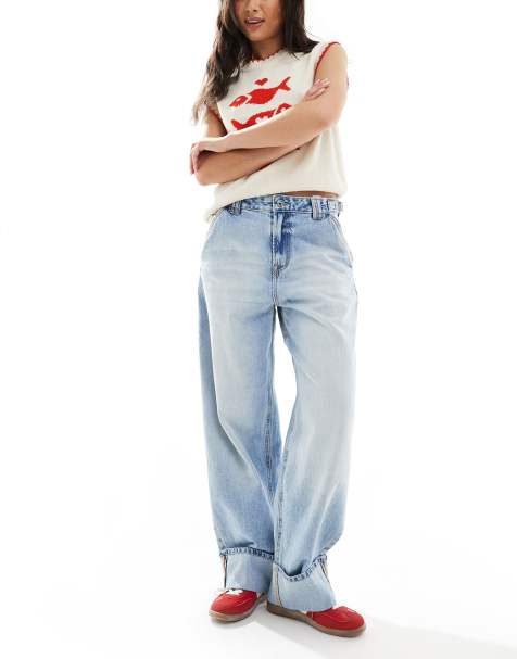Stradivarius – Barrel-Leg-Jeans in verwaschenem Mittelblau mit verstellbarer Taille - view 1