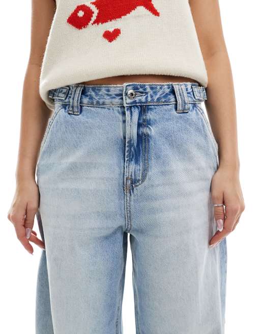 Stradivarius – Barrel-Leg-Jeans in verwaschenem Mittelblau mit verstellbarer Taille, 5 von 5