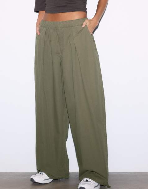 Stradivarius Barrel poplin trousers with stoppers in khaki