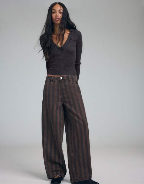 Stradivarius Barrel trousers with striped seams in brown - view 1