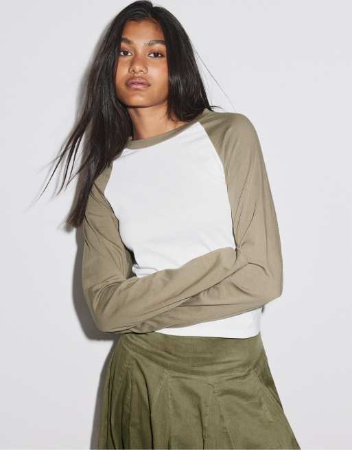 Stradivarius baseball-inspirerad långärmad t-shirt i khaki, 5 av 7