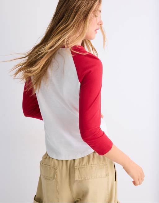 Stradivarius Baseball-T-Shirt mit 3/4-Ärmeln in Rot, 3 von 7