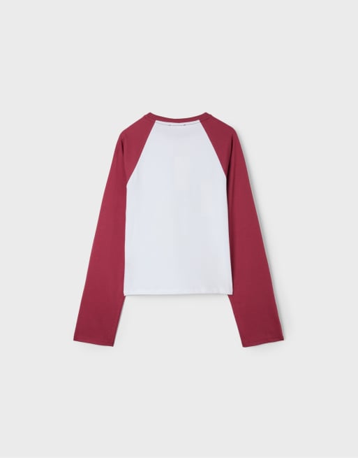 Stradivarius baseballstijl T-shirt met lange mouwen in donkerrood, 7 van 7
