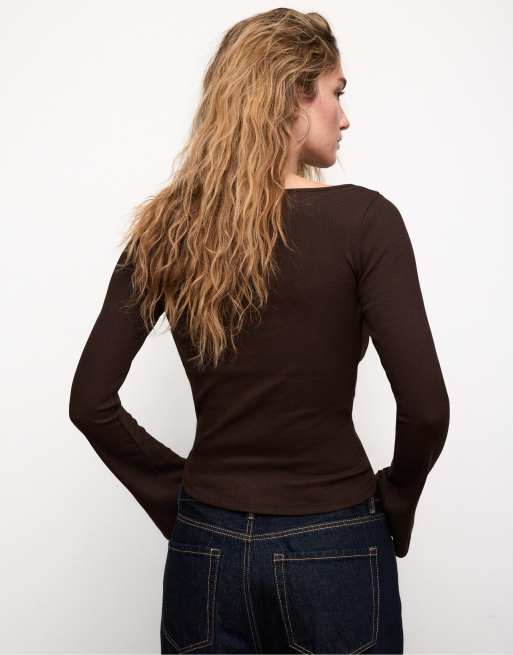 Florboom Women's Cold Shoulder Top - Bell Sleeve T-Shirt, Rayon, Brown XL, Casual & Sexy Style