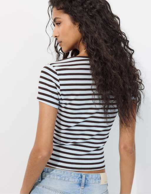 Stradivarius – Basic – Blå, randig t-shirt i slim fit, 3 av 7