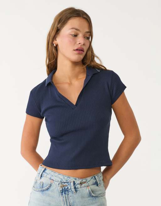 Stradivarius – Basic – Blå t-shirt med pikékrage