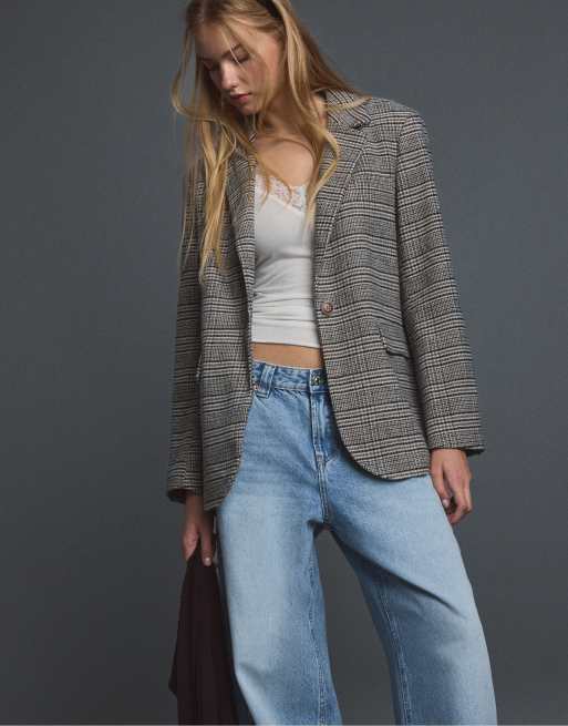 Stradivarius basic blazer van wolmix in beige, 2 van 7