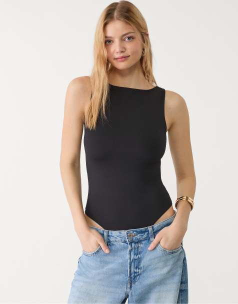 Stradivarius Basic boat neck bodysuit in black - view 1