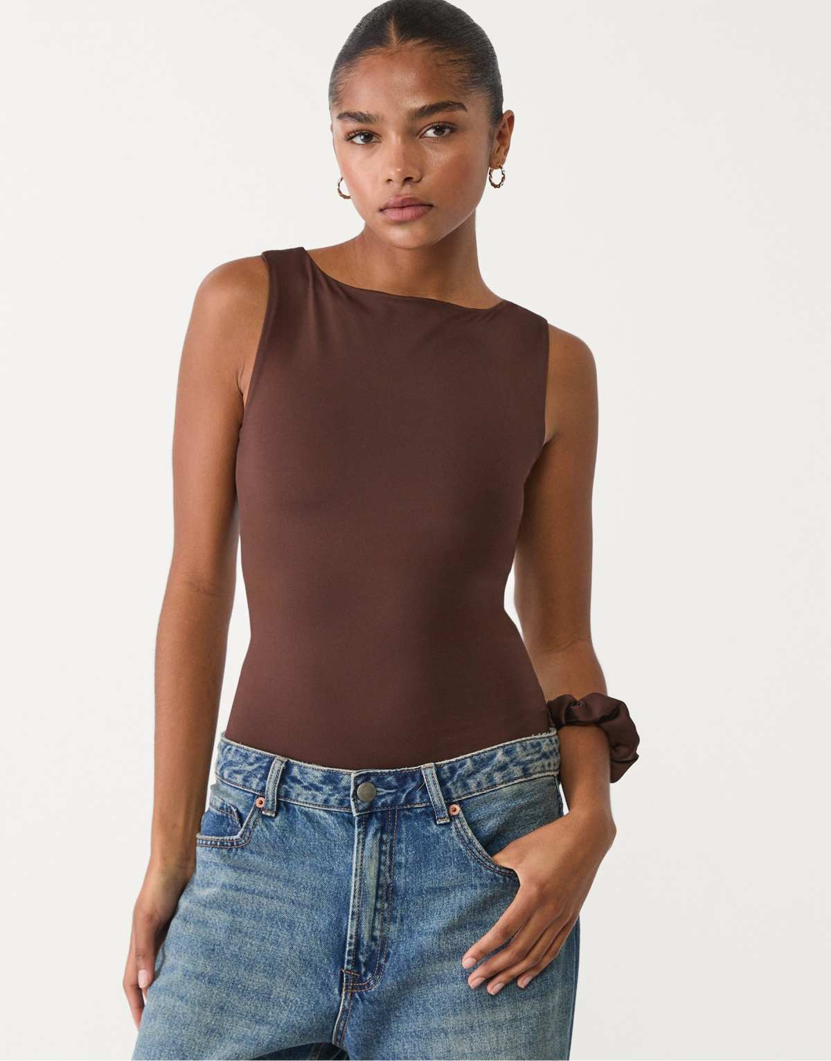 Stradivarius Basic boat neck bodysuit in brown
