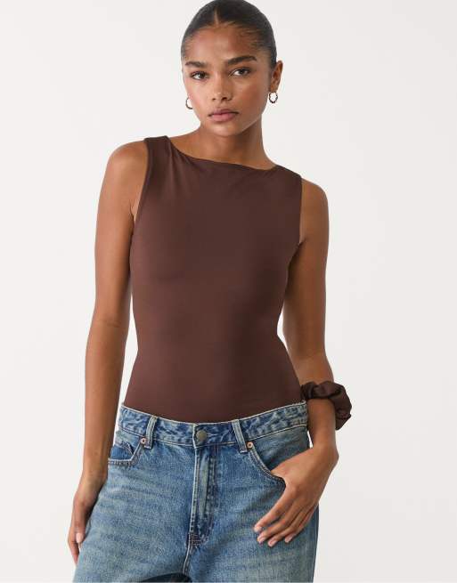 Stradivarius Basic boat neck bodysuit in brown