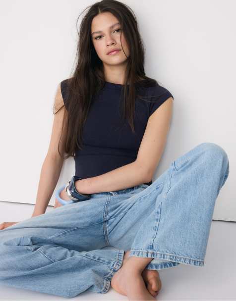 Stradivarius Basic boatneck t-shirt in dark blue - view 1