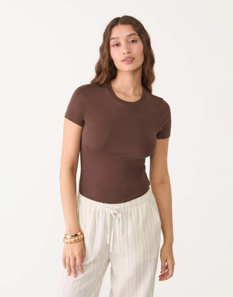 Stradivarius – Basic – Body in Braun mit Rundhalsausschnitt - view 1