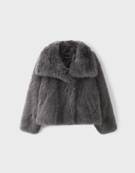 Stradivarius Basic faux fur high neck jacket in dark grey, 6 of 7