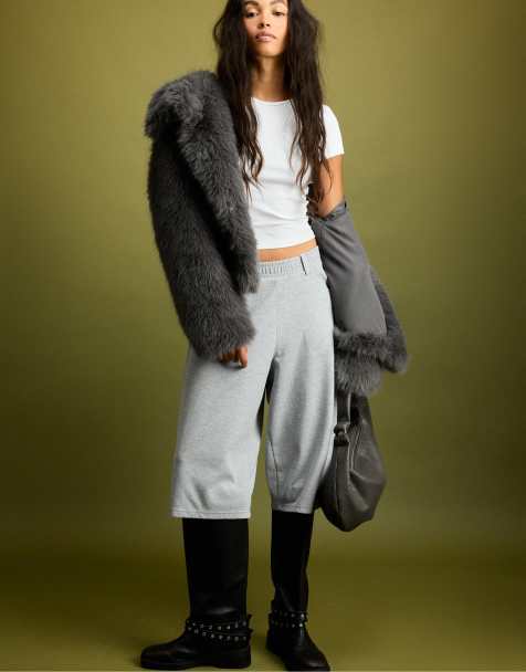 Stradivarius basic faux-fur jack met hoge hals in donkergrijs - view 1