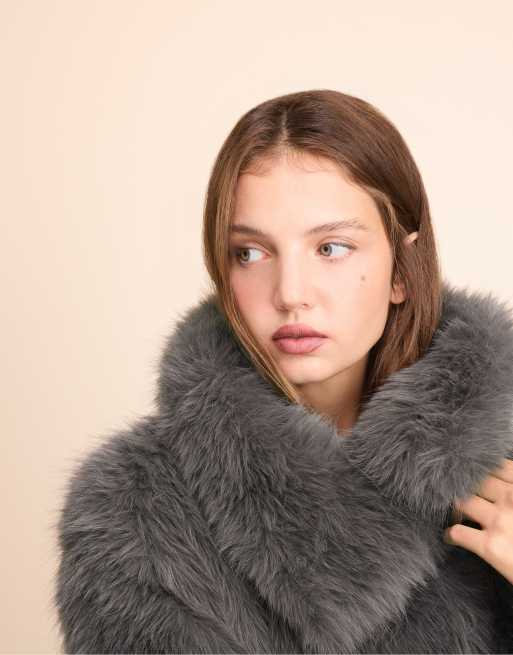 Stradivarius basic faux-fur jack met hoge hals in donkergrijs, 4 van 7