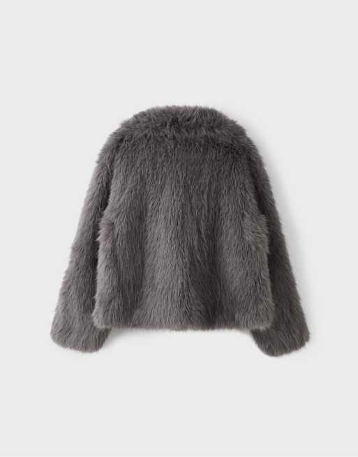 Stradivarius basic faux-fur jack met hoge hals in donkergrijs, 7 van 7