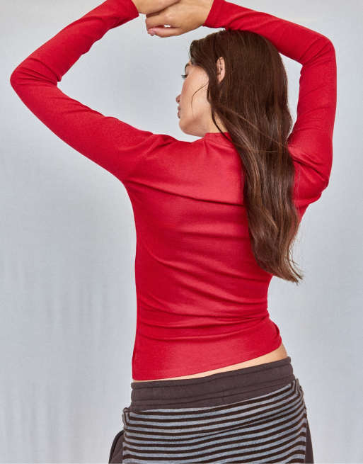 Stradivarius Basic funnel neck t-shirt in dark red, 3 of 7
