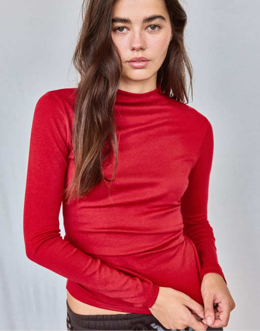 Stradivarius Basic funnel neck t-shirt in dark red, 5 of 7