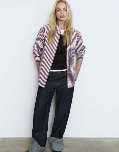 Stradivarius - Basic gestreept poplin overhemd met zak in paars - view 1