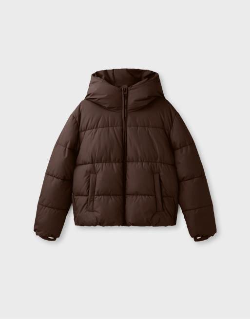 Stradivarius - Basic gewatteerd jack met capuchon in lichtbruin, 6 van 7