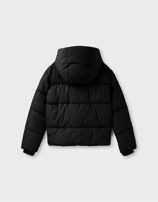 Stradivarius - Basic gewatteerd jack met capuchon in zwart, 7 van 7