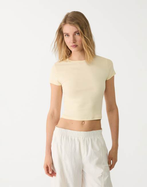 Stradivarius – Basic – Gul, randig t-shirt med smal passform