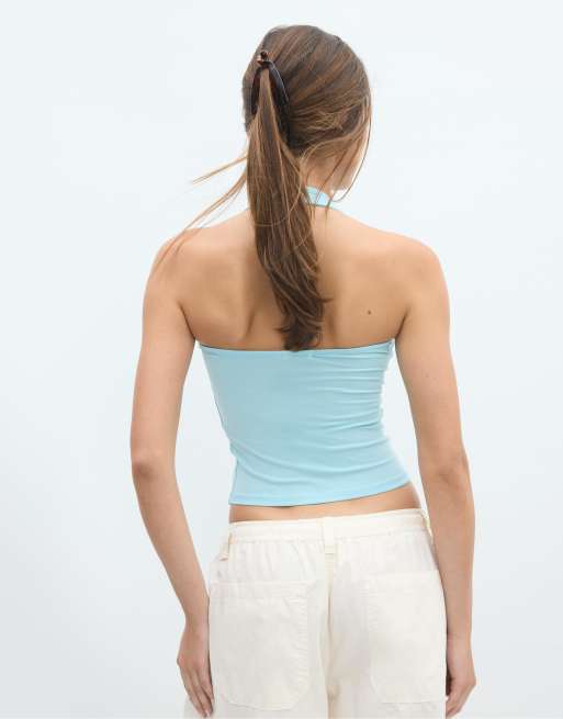 Stradivarius Basic halter top in turquoise, 3 of 7