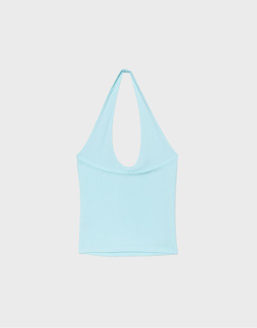 Stradivarius Basic halter top in turquoise, 7 of 7