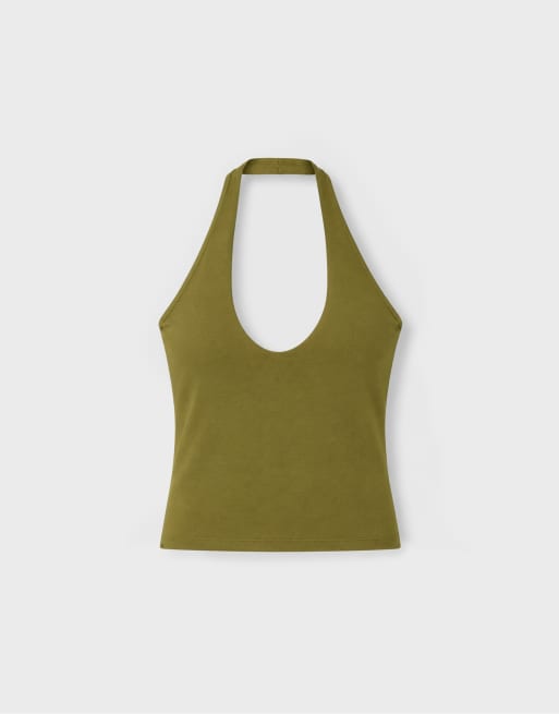 Stradivarius basic haltertop i olivgrönt, 6 av 7