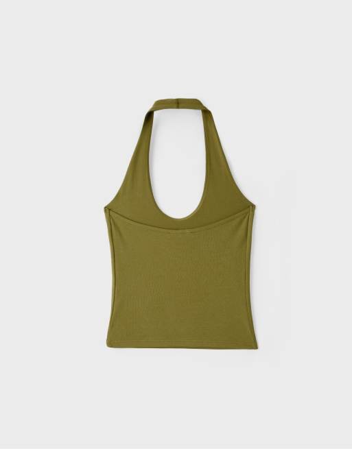 Stradivarius basic haltertop i olivgrönt, 7 av 7