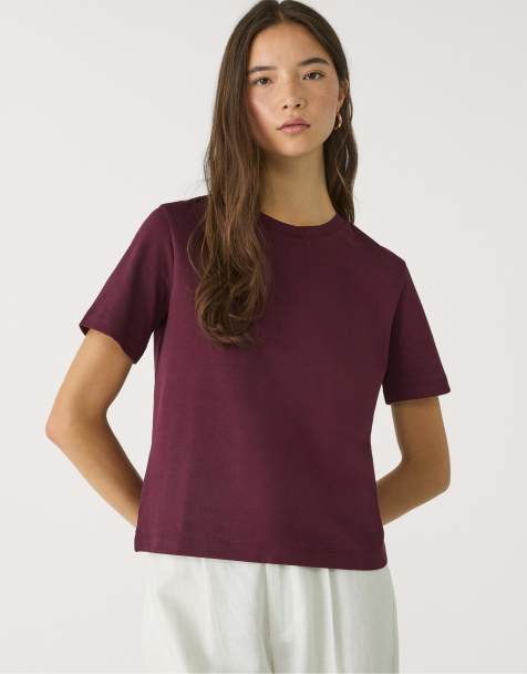 Stradivarius Basic heavy weight regular fit t-shirt in aubergine - view 1