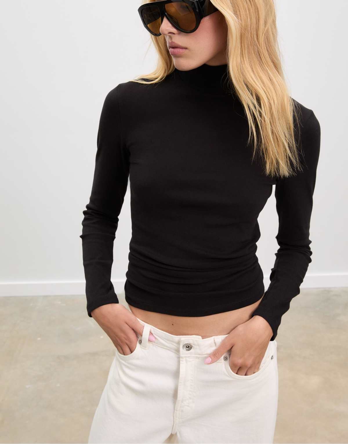 Stradivarius Basic high neck t-shirt in black