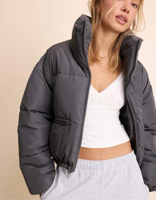 Stradivarius Basic hooded padded jacket in dark grey, 5 of 7
