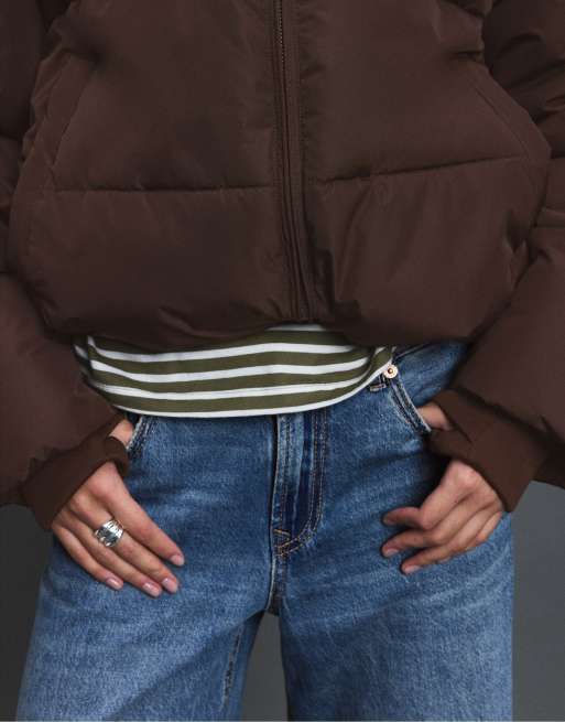 Stradivarius Basic hooded puffer jacket in tan, 4 of 7