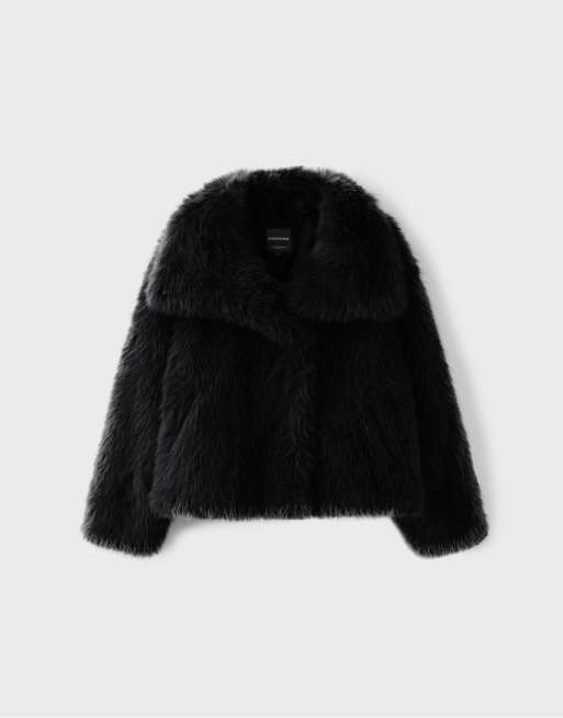 Stradivarius Basic jacka i fuskpäls med hög krage, svart, 6 av 7