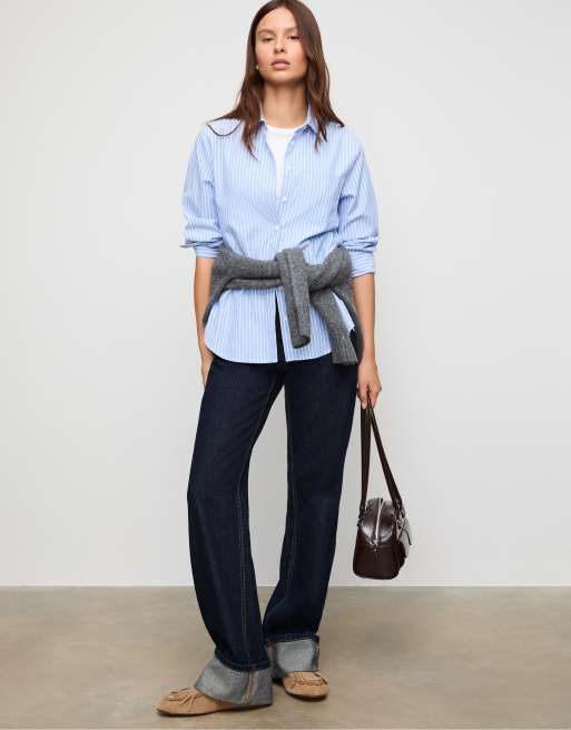 Stradivarius – Basic – Jeansblå, randig poplinskjorta med ficka, 2 av 4