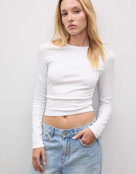 Stradivarius - Basic - Katoenen T-shirt met lange mouwen in wit - view 1