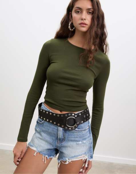 Stradivarius Basic long sleeve cotton t-shirt in green - view 1