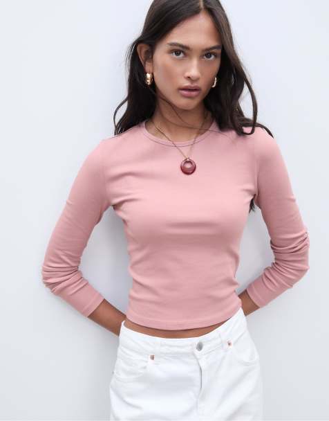 Stradivarius Basic long sleeve cotton t-shirt in pink - view 1