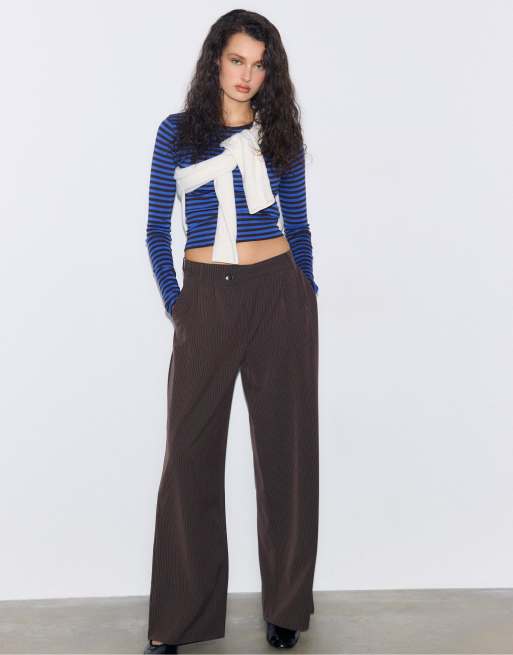 Stradivarius Basic long sleeve striped cotton t-shirt in electric blue, 3 of 4