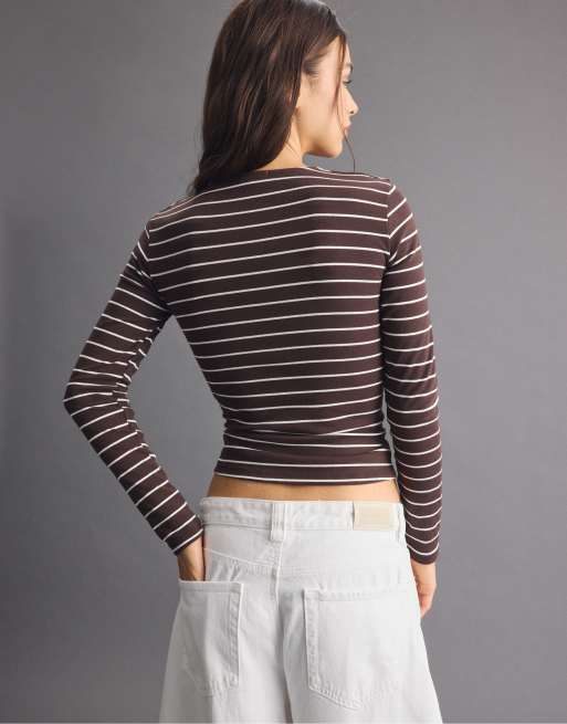 Stradivarius Basic long sleeve striped t-shirt in brown, 3 of 6