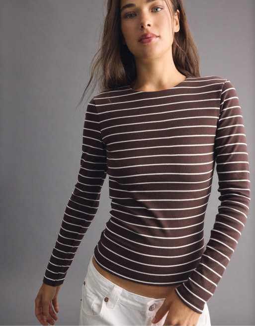 Stradivarius Basic long sleeve striped t-shirt in brown, 4 of 6