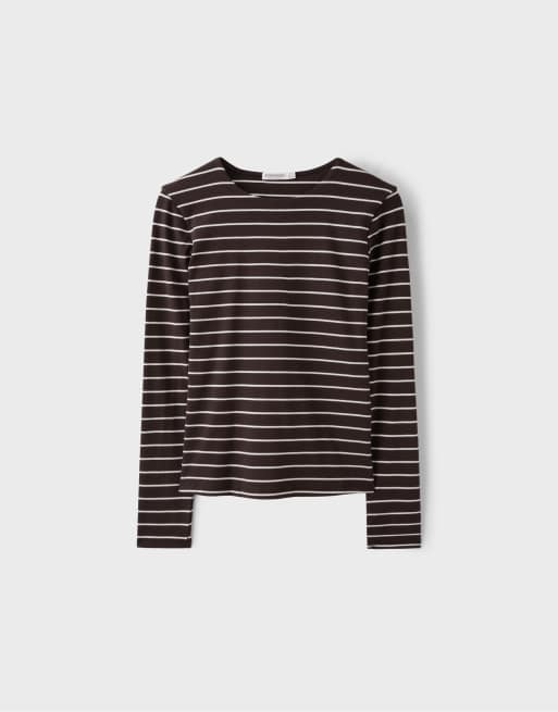 Stradivarius Basic long sleeve striped t-shirt in brown, 5 of 6
