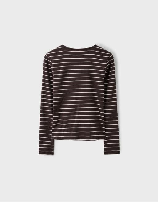 Stradivarius Basic long sleeve striped t-shirt in brown, 6 of 6