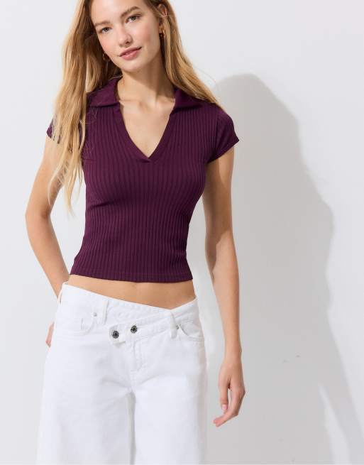 Stradivarius Basic nahtloses Polo-T-Shirt in Dunkelviolett, 2 von 4