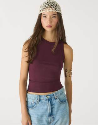 Stradivarius - Basic-Oberteil in Aubergine mit Ringerrücken-Lila